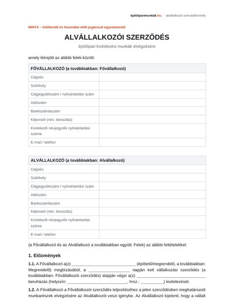 Az alvállalkozói szerződésminta első oldala